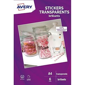 Avery 6 Blatt transparente Aufkleber – Format A4 – für Schneidemaschine – Tintenstrahldrucker Avery 6 Blatt transparente Aufkleber – Format A4 – für Schneidemaschine – Tintenstrahldrucker