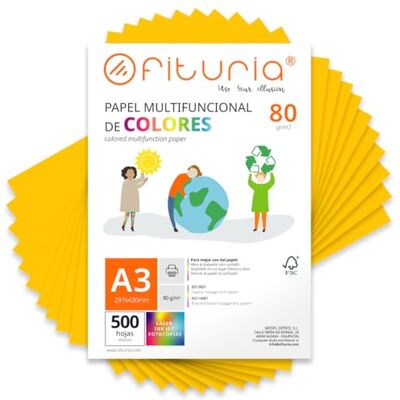 OFITURIA Buntes Papier, 500 Blatt A3 80g – Farbiges Papier für Basteln, Drucker, Scrapbooking – Farbbögen (Gold, 500 Blatt) OFITURIA Buntes Papier, 500 Blatt A3 80g – Farbiges Papier für Basteln, Drucker, Scrapbooking – Farbbögen (Gold, 500 Blatt)