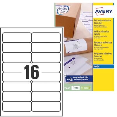 Avery schnelltrocknende Adressetiketten für Tintenstrahldrucker 16 pro Blatt 99,1 x 33,9 mm 400 Etiketten weiß Avery schnelltrocknende Adressetiketten für Tintenstrahldrucker 16 pro Blatt 99,1 x 33,9 mm 400 Etiketten weiß