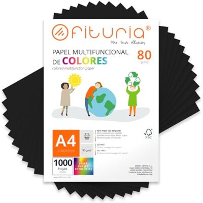 OFITURIA Buntes Papier, 1000 Blatt A4 80g – Farbiges Papier für Basteln, Drucker, Scrapbooking – Farbbögen (Schwarz, 1000 Blatt) OFITURIA Buntes Papier, 1000 Blatt A4 80g – Farbiges Papier für Basteln, Drucker, Scrapbooking – Farbbögen (Schwarz, 1000 Blatt)