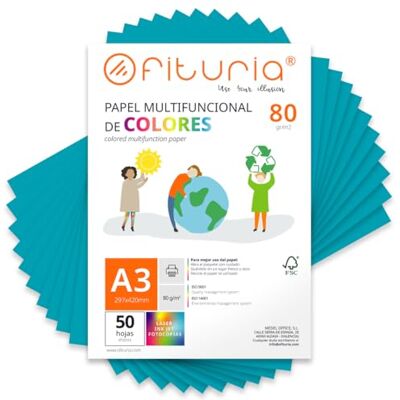 OFITURIA Buntes Papier, 50 Blatt A3 80g – Farbiges Papier für Basteln, Drucker, Scrapbooking – Farbbögen (Türkis, 50 Blatt) OFITURIA Buntes Papier, 50 Blatt A3 80g – Farbiges Papier für Basteln, Drucker, Scrapbooking – Farbbögen (Türkis, 50 Blatt)
