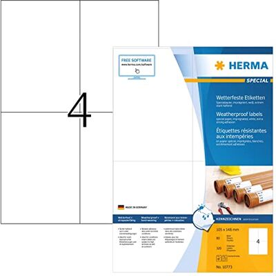 HERMA 10773 Wetterfeste Etiketten imprägniert, 80 Blatt, 105 x 148 mm, 4 Stück pro A4 Bogen, 320 Aufkleber, selbstklebend, bedruckbar, matt, blanko Outdoor Klebeetiketten aus Spezialpapier, weiß HERMA 10773 Wetterfeste Etiketten imprägniert, 80 Blatt, 105 x 148 mm, 4 Stück pro A4 Bogen, 320 Aufkleber, selbstklebend, bedruckbar, matt, blanko Outdoor Klebeetiketten aus Spezialpapier, weiß