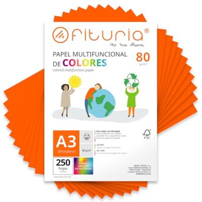 OFITURIA Buntes Papier, 250 Blatt A3 80g – Farbiges Papier für Basteln, Drucker, Scrapbooking – Farbbögen (Neonorange, 250 Blatt) OFITURIA Buntes Papier, 250 Blatt A3 80g – Farbiges Papier für Basteln, Drucker, Scrapbooking – Farbbögen (Neonorange, 250 Blatt)
