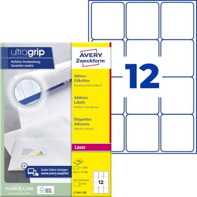 Avery L7164-100 Adressetiketten/Adressaufkleber (1.200 Etiketten mit ultragrip, 63,5x72mm auf A4, bedruckbar, selbstklebend, für DIN C4/C5 Briefkuverts, Papier matt) 100 Blatt, weiß Avery L7164-100 Adressetiketten/Adressaufkleber (1.200 Etiketten mit ultragrip, 63,5x72mm auf A4, bedruckbar, selbstklebend, für DIN C4/C5 Briefkuverts, Papier matt) 100 Blatt, weiß