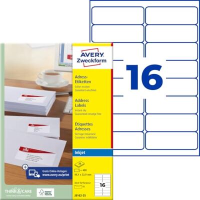 Avery J8162-25 Adressetiketten/Adressaufkleber (400 Etiketten, 99,1x33,9mm auf A4, bedruckbar, selbstklebend, für DIN lang Briefkuverts, Papier matt, Inkjet-Drucker) 25 Blatt, weiß Avery J8162-25 Adressetiketten/Adressaufkleber (400 Etiketten, 99,1x33,9mm auf A4, bedruckbar, selbstklebend, für DIN lang Briefkuverts, Papier matt, Inkjet-Drucker) 25 Blatt, weiß
