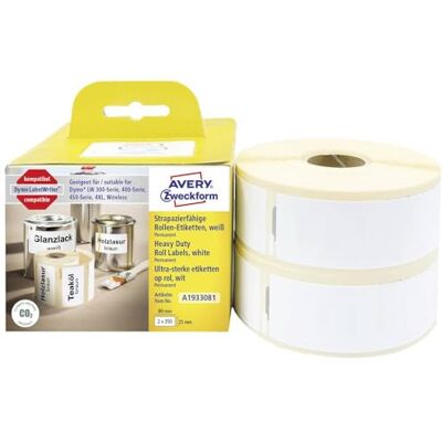 Avery A1933081 Dymo LabelWriter wetterfeste Etiketten kompatibel zu 1933081 (25x89mm, 2 Rollen 700 Kunststoff Aufkleber, selbstklebend, für LW Dymo Etikettendrucker, Beschriftungsgerät) Avery A1933081 Dymo LabelWriter wetterfeste Etiketten kompatibel zu 1933081 (25x89mm, 2 Rollen 700 Kunststoff Aufkleber, selbstklebend, für LW Dymo Etikettendrucker, Beschriftungsgerät)