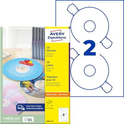 Avery L6043-25 selbstklebende CD-Etiketten (50 blickdichte CD-Aufkleber, Ø117mm auf A4, ClassicSize, Papier matt, bedruckbare Klebeetiketten für alle A4-Drucker) 25 Blatt, weiß Avery L6043-25 selbstklebende CD-Etiketten (50 blickdichte CD-Aufkleber, Ø117mm auf A4, ClassicSize, Papier matt, bedruckbare Klebeetiketten für alle A4-Drucker) 25 Blatt, weiß