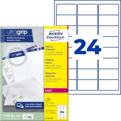 Avery L7159-100 Adressetiketten/Adressaufkleber (2.400 Etiketten mit ultragrip, 63,5x33,9mm auf A4, bedruckbar, selbstklebend, für DIN B6/C6 Briefkuverts, Papier matt) 100 Blatt, weiß Avery L7159-100 Adressetiketten/Adressaufkleber (2.400 Etiketten mit ultragrip, 63,5x33,9mm auf A4, bedruckbar, selbstklebend, für DIN B6/C6 Briefkuverts, Papier matt) 100 Blatt, weiß