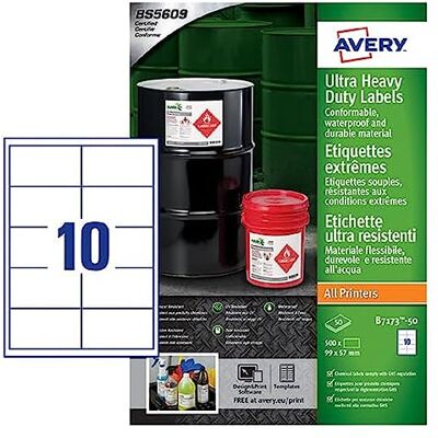 Avery b7173–50 A4 Ultra robuste Wasserdicht GHS Etiketten, bs5609 zertifiziert, für alle Drucker, 57 x 99 mm – weiß Avery b7173–50 A4 Ultra robuste Wasserdicht GHS Etiketten, bs5609 zertifiziert, für alle Drucker, 57 x 99 mm – weiß