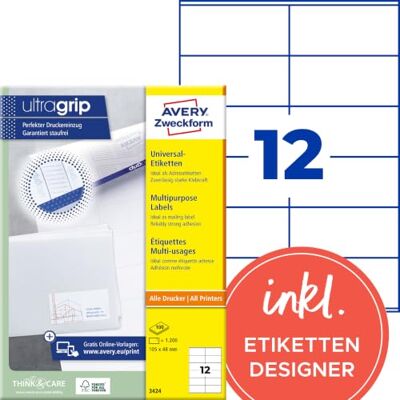 Avery 3424 Adressaufkleber (1.200 Klebeetiketten, 105x48mm auf A4, Papier matt, individuell bedruckbare Absenderetiketten, selbstklebende Adressetiketten mit ultragrip) 100 Blatt, weiß Avery 3424 Adressaufkleber (1.200 Klebeetiketten, 105x48mm auf A4, Papier matt, individuell bedruckbare Absenderetiketten, selbstklebende Adressetiketten mit ultragrip) 100 Blatt, weiß