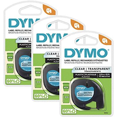 Dymo LT Beschriftungsband für LetraTag Etikettierer, schwarzer Druck auf transparenten Etiketten, 1/2 Zoll x 13 Fuß Rollen, 3 Stück Dymo LT Beschriftungsband für LetraTag Etikettierer, schwarzer Druck auf transparenten Etiketten, 1/2 Zoll x 13 Fuß Rollen, 3 Stück