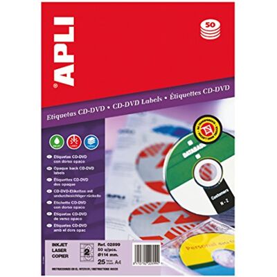 APLI 2899 CD-Tags weiß undurchsichtig bedruckbar (ext Ø114 int. Ø 41) permanent klebend 25 Blatt APLI 2899 CD-Tags weiß undurchsichtig bedruckbar (ext Ø114 int. Ø 41) permanent klebend 25 Blatt