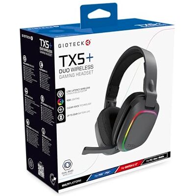 Gioteck TX5+ Duo Wireless Headset for Nintendo Switch 1/2, PS5, PC Low Latency Dongle Customisable RGB Gioteck TX5+ Duo Wireless Headset for Nintendo Switch 1/2, PS5, PC Low Latency Dongle Customisable RGB