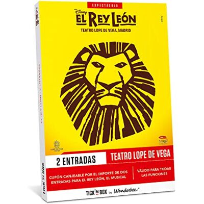 WONDERBOX Connect – Geschenkbox – König der Löwen – für 2 Personen 2 Eingänge für 1 Funktion zur Auswahl – Theater Lope de Vega, Madrid – gültig für 27 Monate WONDERBOX Connect – Geschenkbox – König der Löwen – für 2 Personen 2 Eingänge für 1 Funktion zur Auswahl – Theater Lope de Vega, Madrid – gültig für 27 Monate