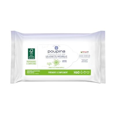 Poupina Pupina Babytücher, natürlich, parfümfrei, hypoallergen, feuchtigkeitsspendend und schützend, Fasern, 0 Kunststoff und 100% natürlich, vegan, 99,6% Inhaltsstoffe natürlichen Ursprungs, 60 Stück Poupina Pupina Babytücher, natürlich, parfümfrei, hypoallergen, feuchtigkeitsspendend und schützend, Fasern, 0 Kunststoff und 100% natürlich, vegan, 99,6% Inhaltsstoffe natürlichen Ursprungs, 60 Stück