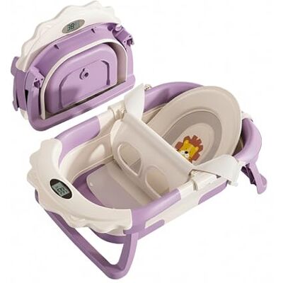 SUPERBE BEBE Faltbare Babybadewanne mit Thermometer und Badekissen-Stütze – Digitale Temperaturanzeige – Modell Löwe Lila und Weiß SUPERBE BEBE Faltbare Babybadewanne mit Thermometer und Badekissen-Stütze – Digitale Temperaturanzeige – Modell Löwe Lila und Weiß