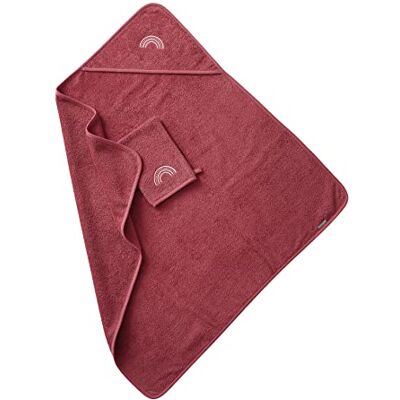 Vertbaudet Kapuzenbadetuch + Waschlappen, Himbeere, 100 x 100 cm Vertbaudet Kapuzenbadetuch + Waschlappen, Himbeere, 100 x 100 cm