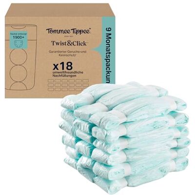 Tommee Tippee Twist & Click Nachfüllfolie für Windeleimer, 18er-Pack, je 10,5 m, mehrlagige antibakterielle* Folie, passend für Twist & Click Kassette, 18 x 10,5 m Tommee Tippee Twist & Click Nachfüllfolie für Windeleimer, 18er-Pack, je 10,5 m, mehrlagige antibakterielle* Folie, passend für Twist & Click Kassette, 18 x 10,5 m