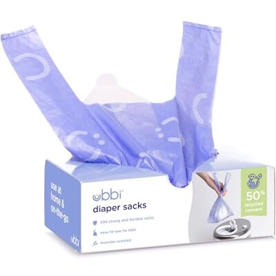 Ubbi Disposable Nappy Sacks, Lavender Scented, Easy-To-Tie Tabs, Baby Nappy Disposal, 200 Count Ubbi Disposable Nappy Sacks, Lavender Scented, Easy-To-Tie Tabs, Baby Nappy Disposal, 200 Count