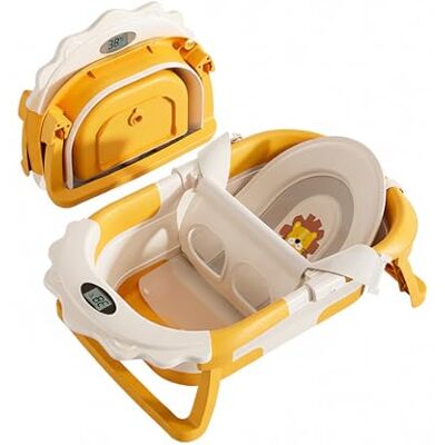 SUPERBE BEBE Faltbare Babybadewanne mit Thermometer und Badekissen-Stütze – Digitale Temperaturanzeige – Modell Löwe Gelb und Weiß SUPERBE BEBE Faltbare Babybadewanne mit Thermometer und Badekissen-Stütze – Digitale Temperaturanzeige – Modell Löwe Gelb und Weiß