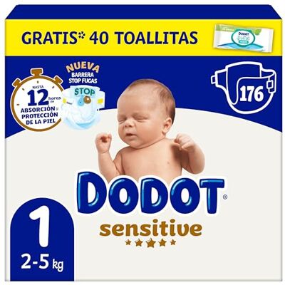 DODOT Sensitive Babywindeln, Größe 1 (2-5 kg), 174 Windeln + 1 Packung mit 40 kostenlosen Aqua-Plastiktüchern, Nr. 1 für Hautschutz, Monatspack DODOT Sensitive Babywindeln, Größe 1 (2-5 kg), 174 Windeln + 1 Packung mit 40 kostenlosen Aqua-Plastiktüchern, Nr. 1 für Hautschutz, Monatspack