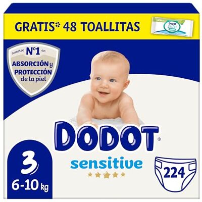 Dodot - Pañales Bebé Sensitive T3 - Größe 3 (6-10 kg) - 224 Windeln + 10 Feuchttücher Pack Dodot - Pañales Bebé Sensitive T3 - Größe 3 (6-10 kg) - 224 Windeln + 10 Feuchttücher Pack