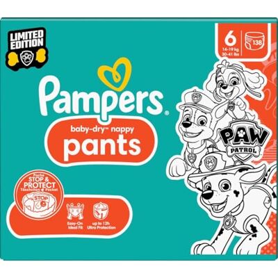 Pampers Baby-Dry Pants Paw Patrol Edition Größe 6, 138 Windeln, 13kg-19kg, 360° Passform mit Stop und Schutz System Pampers Baby-Dry Pants Paw Patrol Edition Größe 6, 138 Windeln, 13kg-19kg, 360° Passform mit Stop und Schutz System