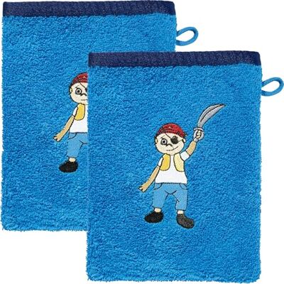 Erwin Müller Kinder-Waschhandschuh, Waschlappen 2er- Pack Frottier blau Größe 15x21 cm hochwertiger Stickmotiv Pirat, 100% Baumwolle Erwin Müller Kinder-Waschhandschuh, Waschlappen 2er- Pack Frottier blau Größe 15x21 cm hochwertiger Stickmotiv Pirat, 100% Baumwolle