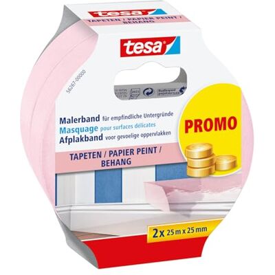 tesa Malerband TAPETEN – Dünnes Abdeckband für präzises Abkleben – geeignet für empfindlichen Oberflächen im Innenbereich – 2x 25 m x 25 mm tesa Malerband TAPETEN – Dünnes Abdeckband für präzises Abkleben – geeignet für empfindlichen Oberflächen im Innenbereich – 2x 25 m x 25 mm