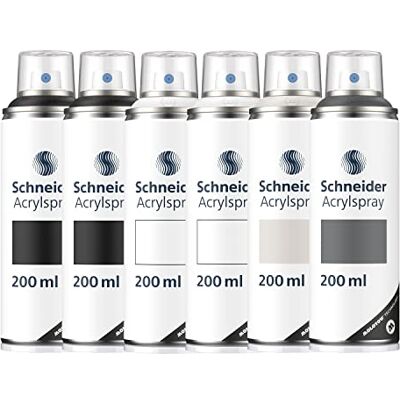 Schneider Paint-It 030 Acryllack Basic Set 1 (6 Dosen hochdeckende Sprühfarbe, UV-beständig, 6x 200 ml, Acrylspray für fast alle Untergründe) 2x black, 2x white, 1x dark grey, 1x grey Schneider Paint-It 030 Acryllack Basic Set 1 (6 Dosen hochdeckende Sprühfarbe, UV-beständig, 6x 200 ml, Acrylspray für fast alle Untergründe) 2x black, 2x white, 1x dark grey, 1x grey
