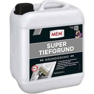 MEM Super Tiefgrund, Für saugende und nichtsaugende Untergründe, Innen und außen anwendbar, Einfache Anwendung, Lösemittelfrei, 5 l, Milchig-weiß MEM Super Tiefgrund, Für saugende und nichtsaugende Untergründe, Innen und außen anwendbar, Einfache Anwendung, Lösemittelfrei, 5 l, Milchig-weiß