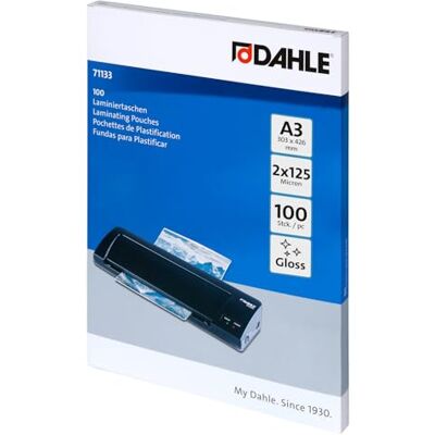 Dahle Laminierfolien A3, 250 Mikron (2x125), 100 Stück, Glänzend Schutz für Dokumente und Fotos, 303 x 426 mm, verstärkt Farben, kompatibel mit allen Standard-Laminiergeräten Dahle Laminierfolien A3, 250 Mikron (2x125), 100 Stück, Glänzend Schutz für Dokumente und Fotos, 303 x 426 mm, verstärkt Farben, kompatibel mit allen Standard-Laminiergeräten