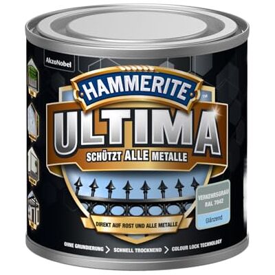 Hammerite Ultima Glänzend, Metallschutzlack, Hochwertiger Schutzlack für alle Metalle im Außenbereich, Verkehrsgrau RAL 7042, 250 ml Hammerite Ultima Glänzend, Metallschutzlack, Hochwertiger Schutzlack für alle Metalle im Außenbereich, Verkehrsgrau RAL 7042, 250 ml