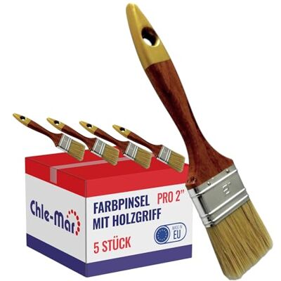 Chle-Mar 5X Pro Maler Pinsel (Flach) 2" für präzises Streichen Lackierter Holzgriff, Wiederverwendbarer Breiter Malerpinsel für Lasur & Öl, Paint Brush für Holzlasur, Wandfarbe, Holzfarbe Chle-Mar 5X Pro Maler Pinsel (Flach) 2" für präzises Streichen Lackierter Holzgriff, Wiederverwendbarer Breiter Malerpinsel für Lasur & Öl, Paint Brush für Holzlasur, Wandfarbe, Holzfarbe