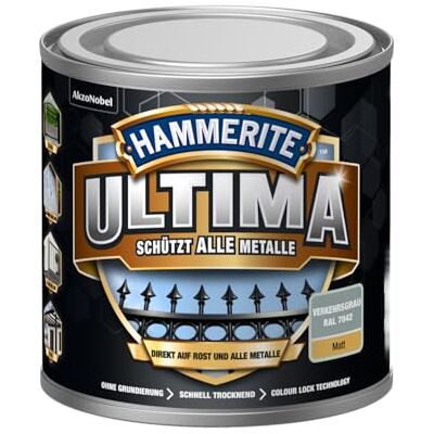 Hammerite Ultima Matt, Metallschutzlack, Hochwertiger Schutzlack für alle Metalle im Außenbereich, Verkehrsgrau RAL 7042, 250 ml Hammerite Ultima Matt, Metallschutzlack, Hochwertiger Schutzlack für alle Metalle im Außenbereich, Verkehrsgrau RAL 7042, 250 ml
