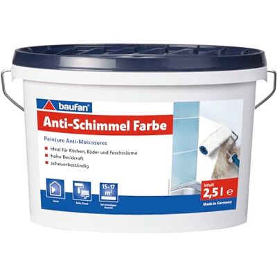 Baufan Anti-Schimmel Farbe 2,5 L ideal für Küche, Bäder und Feuchträume hohe Deckkraft scheuerbeständig BAuA-Nr. 117334 Baufan Anti-Schimmel Farbe 2,5 L ideal für Küche, Bäder und Feuchträume hohe Deckkraft scheuerbeständig BAuA-Nr. 117334