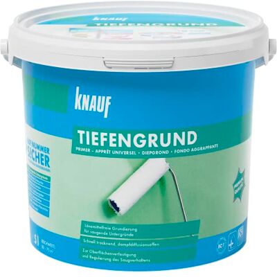 Knauf Tiefengrund, tiefenwirkende Grundierung für saugende Untergründe – Primer, Haft-Vermittler zum Auftragen von Farbe und Schutz – gebrauchsfertig, lösemittelfrei und schnell trocknend, 5-l Knauf Tiefengrund, tiefenwirkende Grundierung für saugende Untergründe – Primer, Haft-Vermittler zum Auftragen von Farbe und Schutz – gebrauchsfertig, lösemittelfrei und schnell trocknend, 5-l