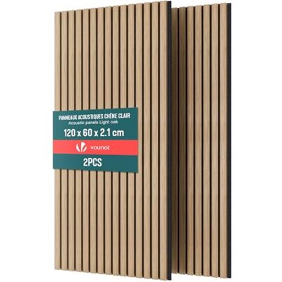 VOUNOT ® 2er Set Akustikpaneele 120 × 60 × 2,1 cm, Akustik Wandpaneele in Holzoptik, 3D Lamellenwand als Wandverkleidung innen, Schallschutzplatten für Wohnzimmer, Schlafzimmer und Bür, Hell-Eiche VOUNOT ® 2er Set Akustikpaneele 120 × 60 × 2,1 cm, Akustik Wandpaneele in Holzoptik, 3D Lamellenwand als Wandverkleidung innen, Schallschutzplatten für Wohnzimmer, Schlafzimmer und Bür, Hell-Eiche