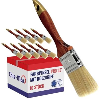 Chle-Mar 10x Pro Maler Pinsel (Flach) 1,5" für präzises Streichen Lackierter Holzgriff, Wiederverwendbarer Breiter Malerpinsel für Lasur & Öl, Paint Brush für Holzlasur, Wandfarbe, Holzfarbe Chle-Mar 10x Pro Maler Pinsel (Flach) 1,5" für präzises Streichen Lackierter Holzgriff, Wiederverwendbarer Breiter Malerpinsel für Lasur & Öl, Paint Brush für Holzlasur, Wandfarbe, Holzfarbe
