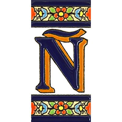 ART Schilder mit Zahlen und Nummern auf vielfarbiger Keramikkachel. Handgemalte Kordeltechnik fuer Schilder mit Namen, Adressen und Wegweisern. Persoenlich gestaltbarer Text. Design FLORES MEDIANO 10,9cm x 5,4 cm (BUCHSTABEN "Ñ"). ART Schilder mit Zahlen und Nummern auf vielfarbiger Keramikkachel. Handgemalte Kordeltechnik fuer Schilder mit Namen, Adressen und Wegweisern. Persoenlich gestaltbarer Text. Design FLORES MEDIANO 10,9cm x 5,4 cm (BUCHSTABEN "Ñ").
