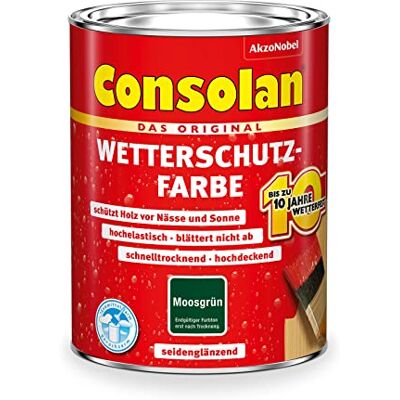 Consolan Wetterschutzfarbe, Deckender Holzschutz für Außen, Moosgrün, 750ml Consolan Wetterschutzfarbe, Deckender Holzschutz für Außen, Moosgrün, 750ml