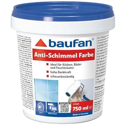 Baufan Anti-Schimmel Farbe 750ml ideal für Küche, Bäder und Feuchträume hohe Deckkraft scheuerbeständig BAuA-Nr. 117334 Baufan Anti-Schimmel Farbe 750ml ideal für Küche, Bäder und Feuchträume hohe Deckkraft scheuerbeständig BAuA-Nr. 117334