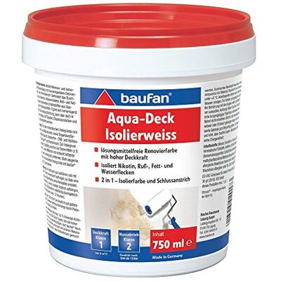 Baufan Renovierfarbe Aqua-Deck weiß 750 ml lösungsmittelfrei hohe Deckkraft für innen Glanzgrad stumpfmatt 2 in 1 Isolierfarbe und Schlussanstrich isoliert Nikotin Russ und Wasserflecken Baufan Renovierfarbe Aqua-Deck weiß 750 ml lösungsmittelfrei hohe Deckkraft für innen Glanzgrad stumpfmatt 2 in 1 Isolierfarbe und Schlussanstrich isoliert Nikotin Russ und Wasserflecken