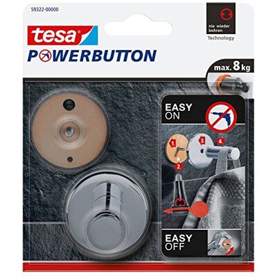tesa Powerbutton Haken Universal LARGE 8 kg Halteleistung Selbstklebender, runder Metallhaken vielseitiger Klebehaken aus verchromtem Metall spurlos ablösbar tesa Powerbutton Haken Universal LARGE 8 kg Halteleistung Selbstklebender, runder Metallhaken vielseitiger Klebehaken aus verchromtem Metall spurlos ablösbar