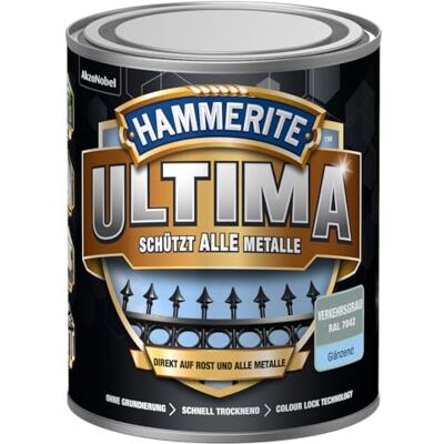 Hammerite Ultima Glänzend, Metallschutzlack, Hochwertiger Schutzlack für alle Metalle im Außenbereich, Verkehrsgrau RAL 7042, 750 ml Hammerite Ultima Glänzend, Metallschutzlack, Hochwertiger Schutzlack für alle Metalle im Außenbereich, Verkehrsgrau RAL 7042, 750 ml