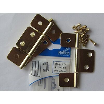 Hettich Lamellentürscharniere für innenleigende und vorliegende Türen, 90 x 33 mm, Stahl vermessingt, 3 Stück, 62336 Hettich Lamellentürscharniere für innenleigende und vorliegende Türen, 90 x 33 mm, Stahl vermessingt, 3 Stück, 62336
