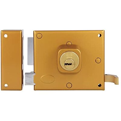 Amig Aufschraubschloss DIN links mit Schließhebel, Falle und Ziehgriff für Holztüren Mod. 72-100 x 85 mm Riegel mit rundem Zylinder Stahl goldfarben lackiert Amig Aufschraubschloss DIN links mit Schließhebel, Falle und Ziehgriff für Holztüren Mod. 72-100 x 85 mm Riegel mit rundem Zylinder Stahl goldfarben lackiert