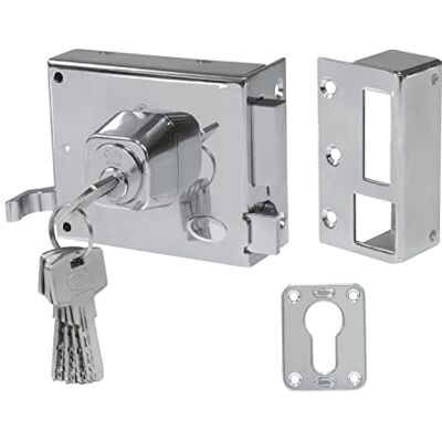 Amig Aufschraubschloss DIN rechts mit Schließhebel, Falle und Ziehgriff für Holztüren Mod. 73-100 x 85 mm Riegel mit Europrofilzylinder Stahl silberfarben Amig Aufschraubschloss DIN rechts mit Schließhebel, Falle und Ziehgriff für Holztüren Mod. 73-100 x 85 mm Riegel mit Europrofilzylinder Stahl silberfarben