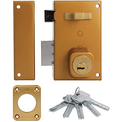 Amig Aufschraubschloss DIN links mit Schließhebel, Falle und Ziehgriff für Holztüren Mod. 75-67 x 112 mm Riegel mit rundem Sicherheitszylinder Stahl goldfarben Amig Aufschraubschloss DIN links mit Schließhebel, Falle und Ziehgriff für Holztüren Mod. 75-67 x 112 mm Riegel mit rundem Sicherheitszylinder Stahl goldfarben