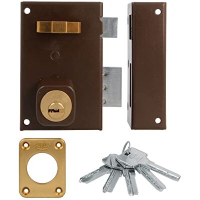 Amig Aufschraubschloss DIN rechts mit Schließhebel, Falle und Ziehgriff für Holztüren Mod. 75-72 x 112 mm runder Sicherheitszylinder Stahl braun Amig Aufschraubschloss DIN rechts mit Schließhebel, Falle und Ziehgriff für Holztüren Mod. 75-72 x 112 mm runder Sicherheitszylinder Stahl braun